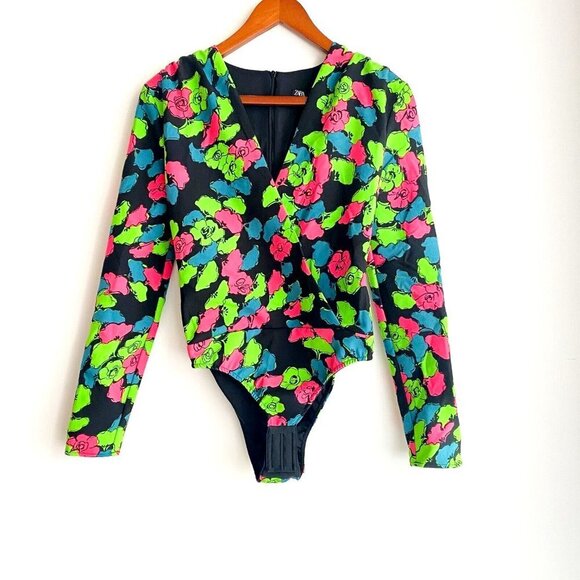 NWT Zara  Neon Colours Floral Long Sleeve Bodysuit XS - Picture 2 of 7